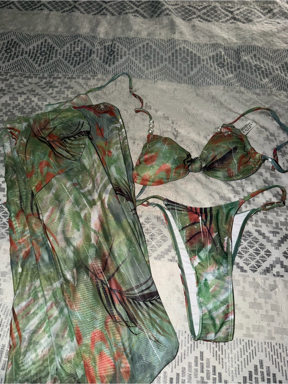 Tropical Green & Coral Bikini Set with Sheer Cover-Up